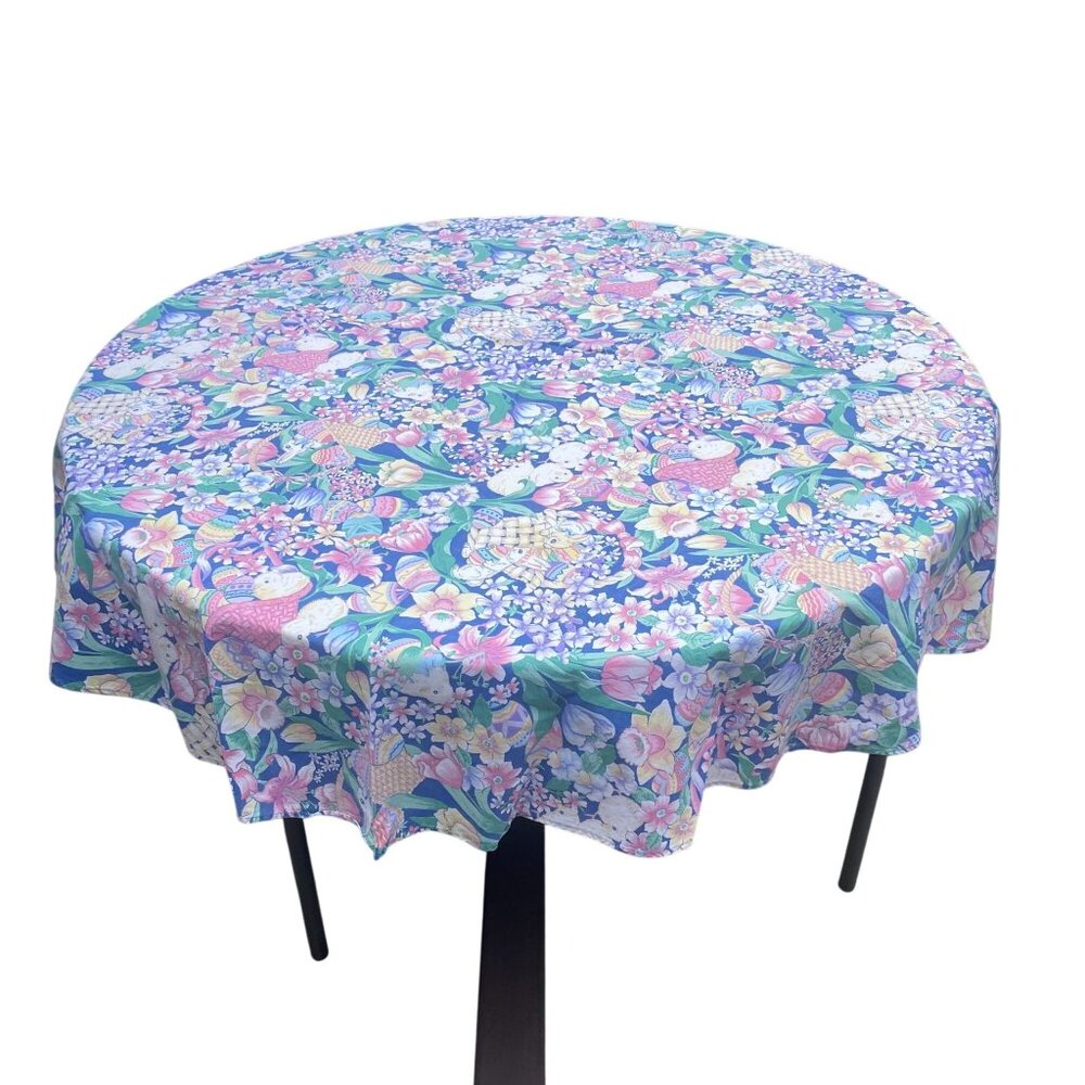 Fashion Industries Round Blue Cotton Tablecloth Easter Bunnies Eggs Floral Desig